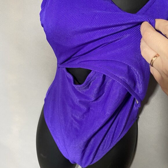 Vintage Bathing Suit Shell Beach One Piece Purple Crossover Front Ribbed EST. Lg - Picture 10 of 12